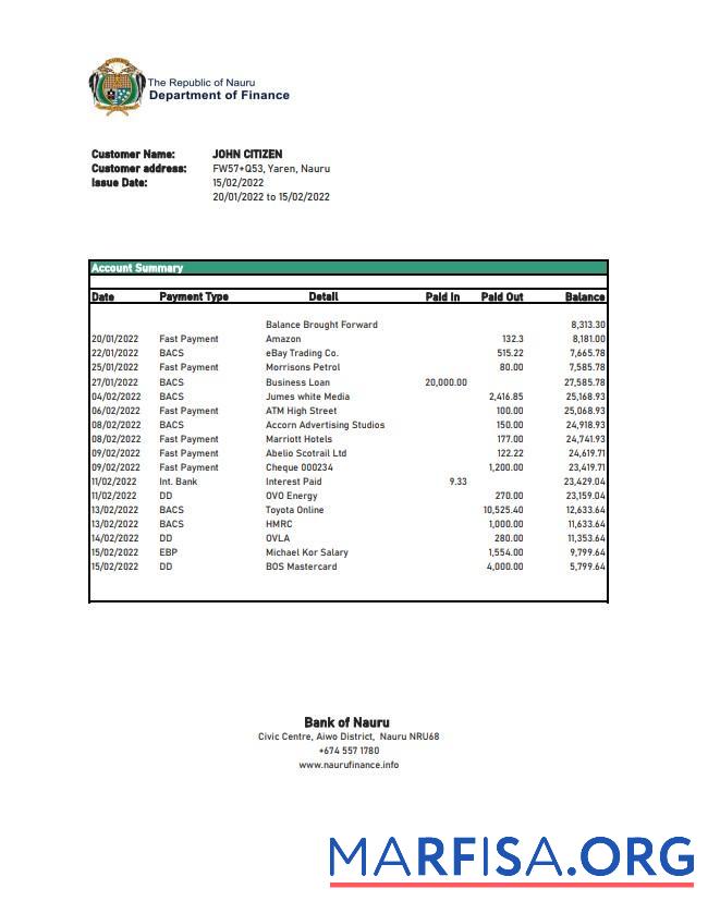 Realistic Nauru Bank of Nauru bank statement excel sample